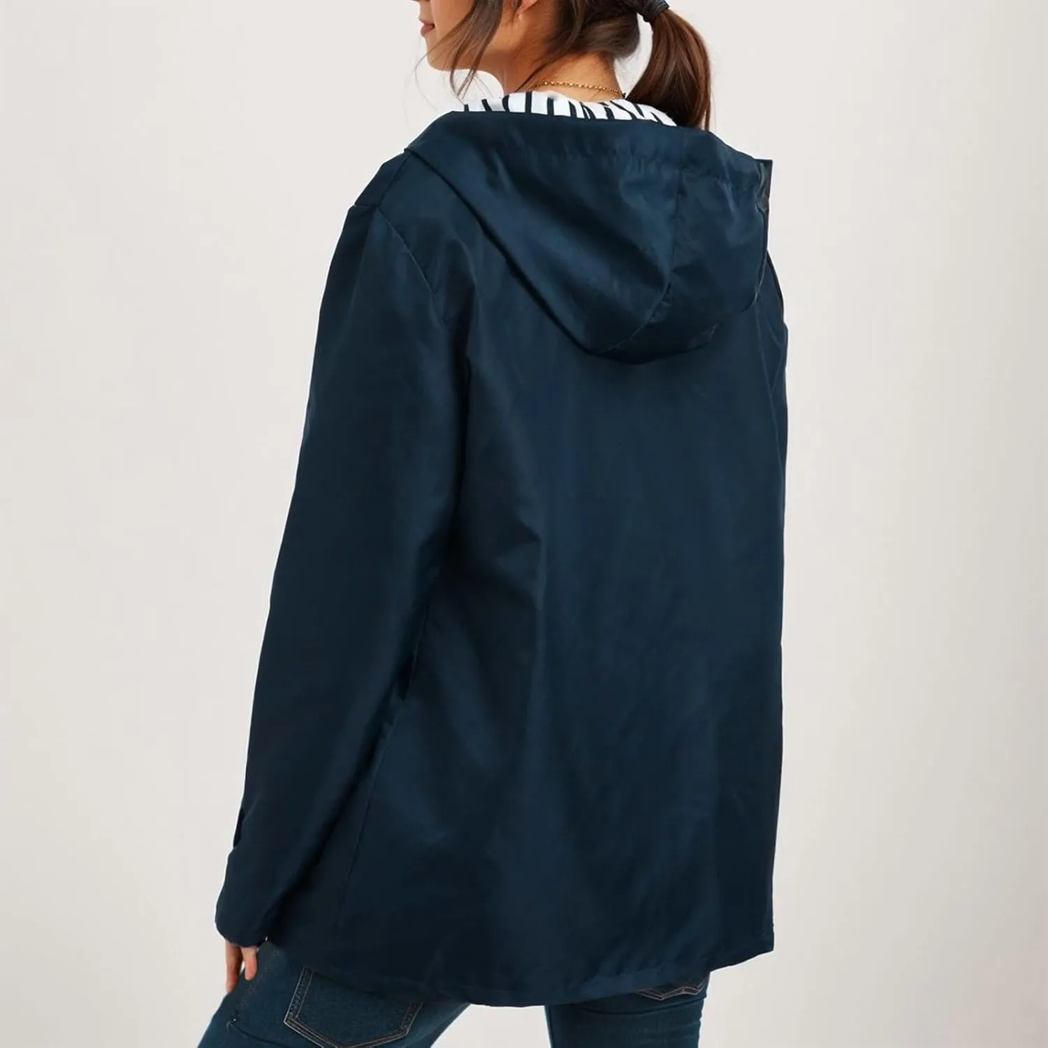 2023 Womens Fashion Hooded Rain Jacket Lightweight Trench Coat Long Sleeve Windbreaker Zip Up Drawstring Raincoat Pockets