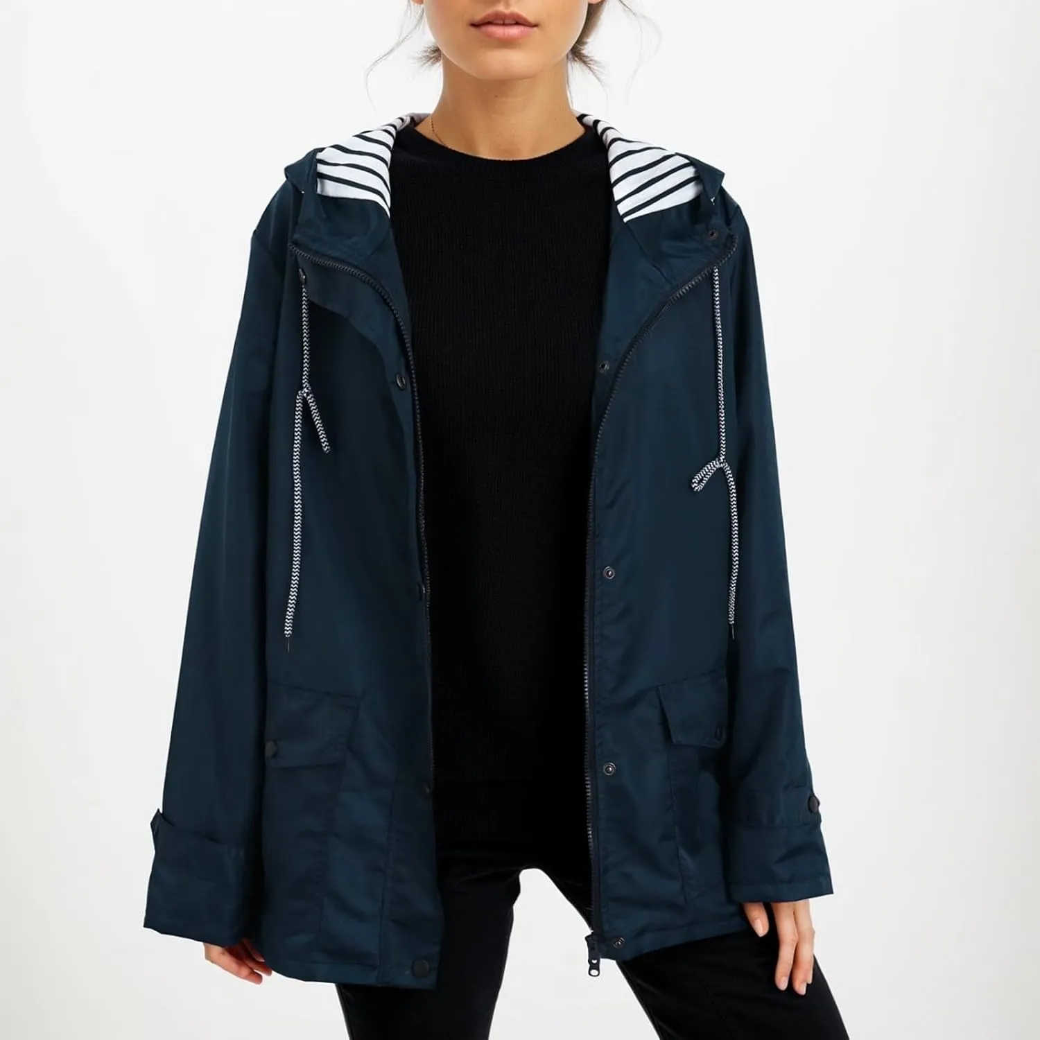 2023 Womens Fashion Hooded Rain Jacket Lightweight Trench Coat Long Sleeve Windbreaker Zip Up Drawstring Raincoat Pockets