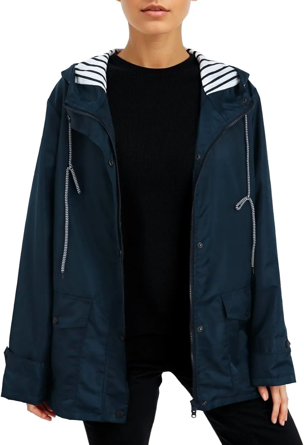 2023 Womens Fashion Hooded Rain Jacket Lightweight Trench Coat Long Sleeve Windbreaker Zip Up Drawstring Raincoat Pockets