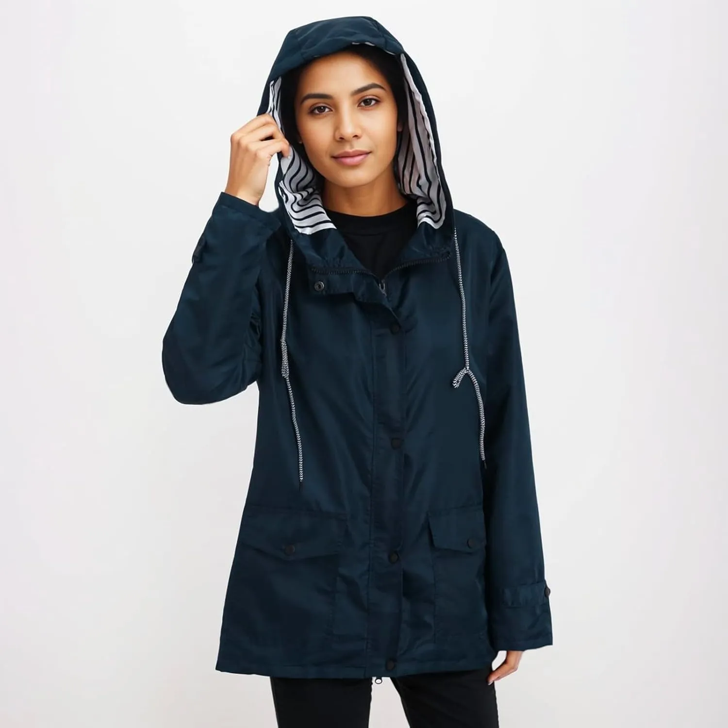 2023 Womens Fashion Hooded Rain Jacket Lightweight Trench Coat Long Sleeve Windbreaker Zip Up Drawstring Raincoat Pockets
