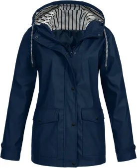 2023 Womens Fashion Hooded Rain Jacket Lightweight Trench Coat Long Sleeve Windbreaker Zip Up Drawstring Raincoat Pockets