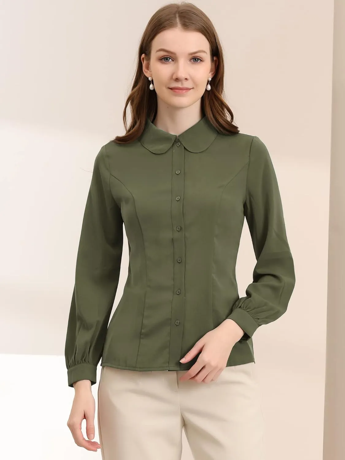 Allegra K Women's Button Up Shirt Business Casual Career Peter Pan Collar Long Bishop Sleeve Blouse