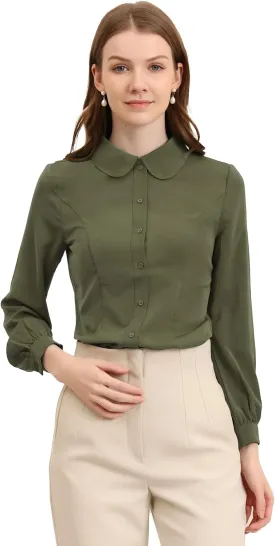 Allegra K Women's Button Up Shirt Business Casual Career Peter Pan Collar Long Bishop Sleeve Blouse