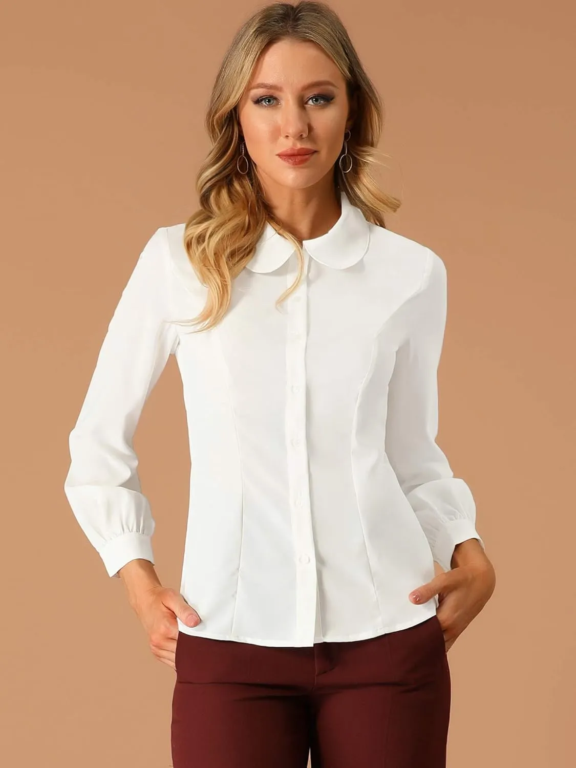 Allegra K Women's Button Up Shirt Business Casual Career Peter Pan Collar Long Bishop Sleeve Blouse
