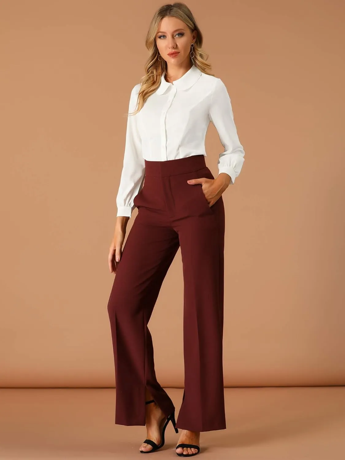 Allegra K Women's Button Up Shirt Business Casual Career Peter Pan Collar Long Bishop Sleeve Blouse