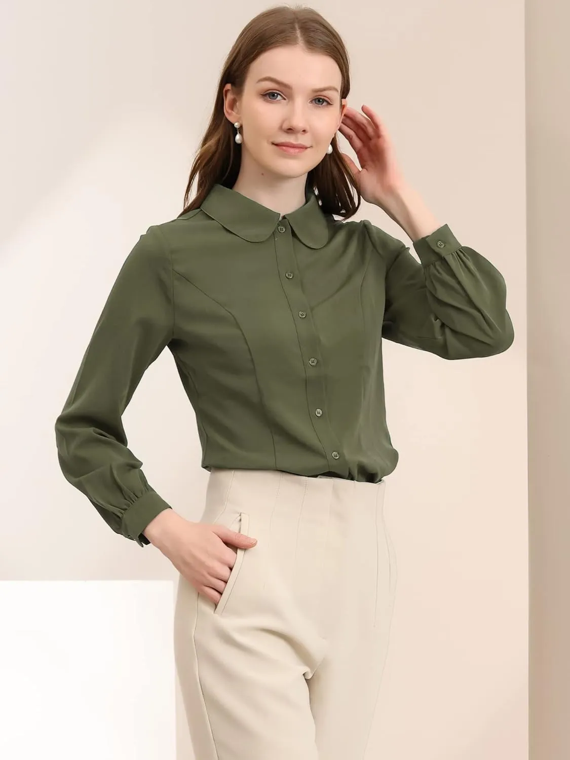 Allegra K Women's Button Up Shirt Business Casual Career Peter Pan Collar Long Bishop Sleeve Blouse