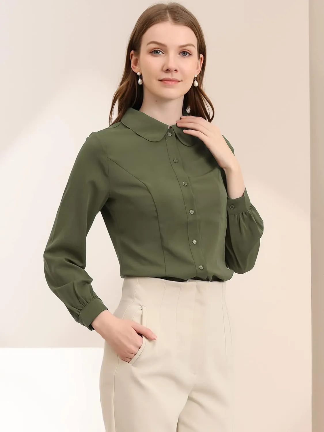 Allegra K Women's Button Up Shirt Business Casual Career Peter Pan Collar Long Bishop Sleeve Blouse