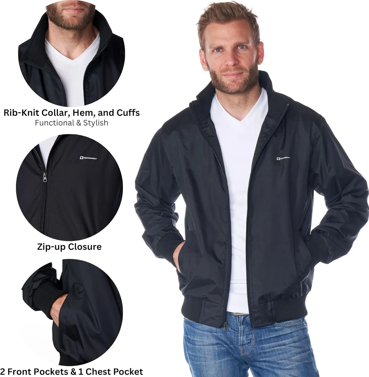 Alpine Swiss Alvin Mens Lightweight Bomber Jacket Casual Windbreaker Varsity Style Coat Versatile Stylish Everyday Outerwear