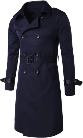 AOWOFS Men's Double Breasted Trench Coat Stylish Slim Fit Mid Long Belted Windbreaker