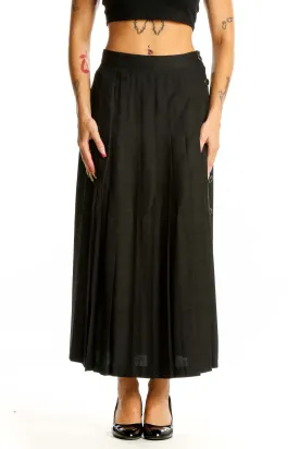Black Pleated Silk Midi Skirt