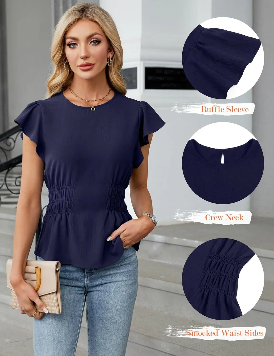 Blooming Jelly Women's Dressy Casual Blouses Business Ruffle Short Sleeve Tops Summer Crew Neck Smocked Shirts