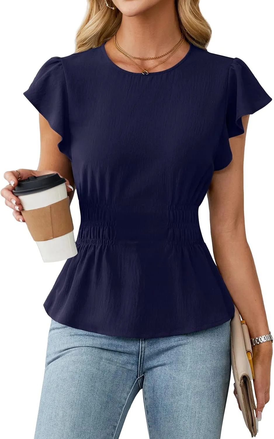 Blooming Jelly Women's Dressy Casual Blouses Business Ruffle Short Sleeve Tops Summer Crew Neck Smocked Shirts
