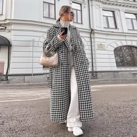 Clara Houndstooth Woolen Maxi Trench Coat