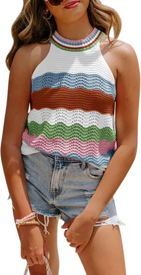 Dellytop Womens Halter Neck Sweater Vest Color Block Sleeveless Loose Knit Tank Top
