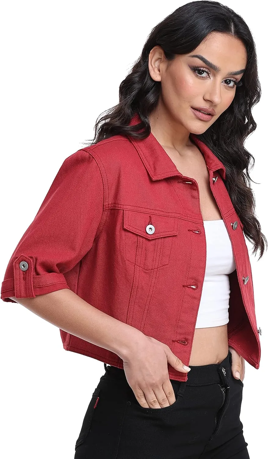Dilgul Women's Denim Jacket Button Down Short Sleeve Cropped Jean Jacket Coat