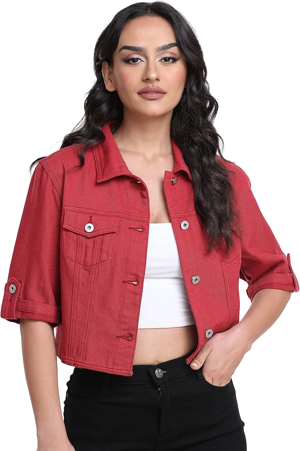 Dilgul Women's Denim Jacket Button Down Short Sleeve Cropped Jean Jacket Coat