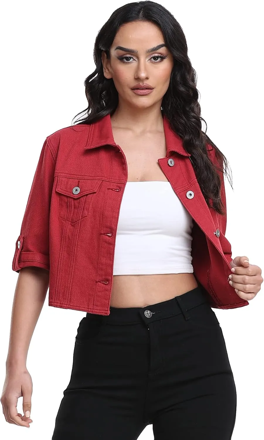 Dilgul Women's Denim Jacket Button Down Short Sleeve Cropped Jean Jacket Coat