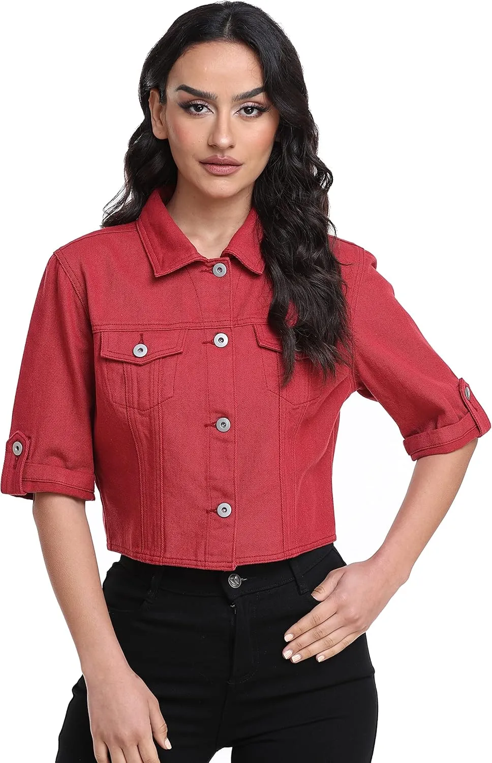 Dilgul Women's Denim Jacket Button Down Short Sleeve Cropped Jean Jacket Coat