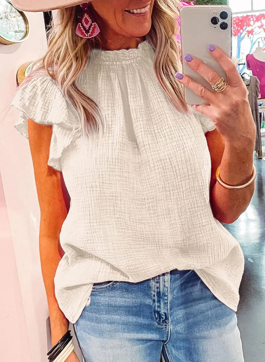 Dokotoo Casual Blouses for Women Crewneck Smocked Ruffle Short Sleeve Babydoll Womens Tops