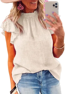 Dokotoo Casual Blouses for Women Crewneck Smocked Ruffle Short Sleeve Babydoll Womens Tops