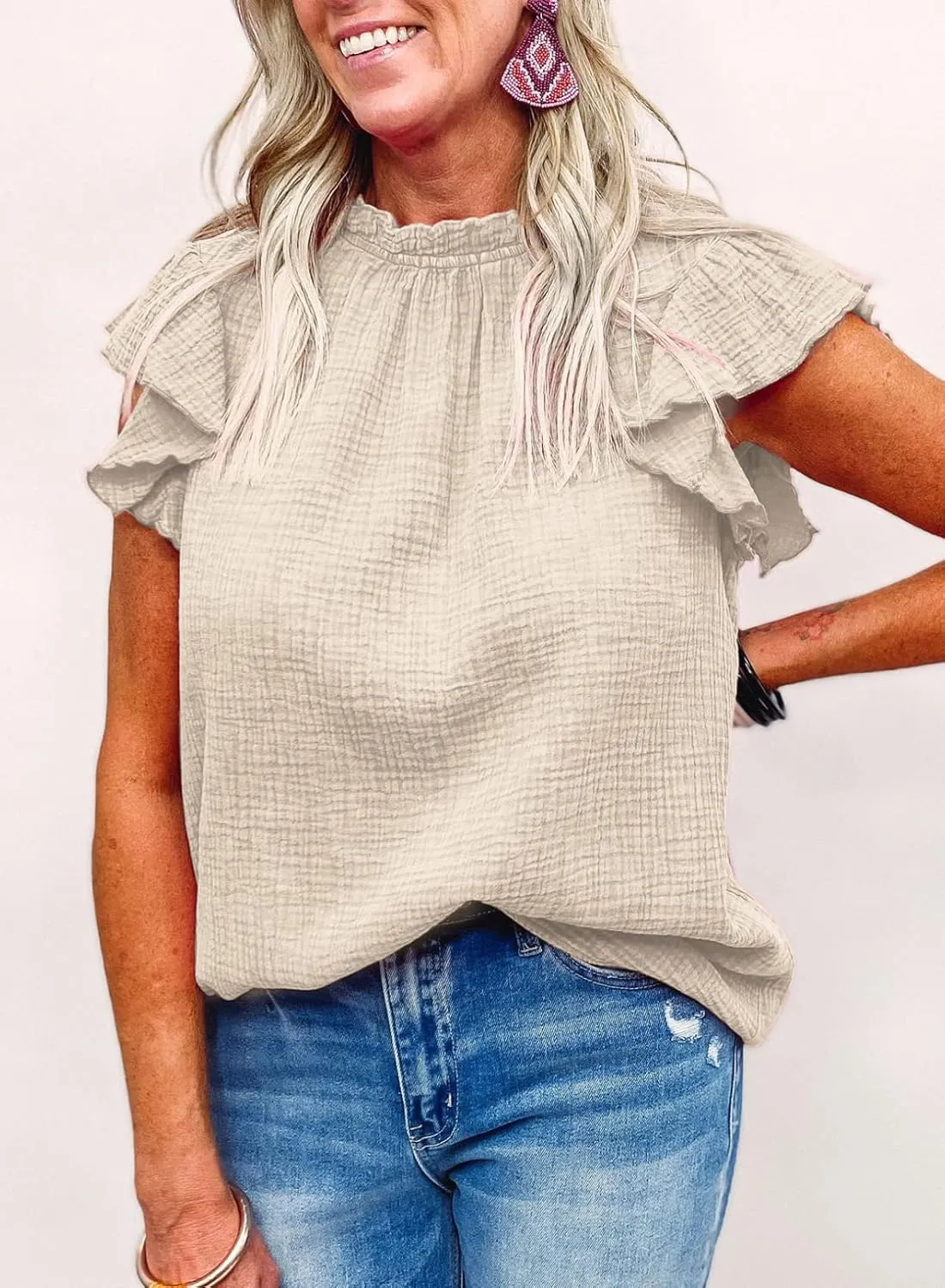 Dokotoo Casual Blouses for Women Crewneck Smocked Ruffle Short Sleeve Babydoll Womens Tops