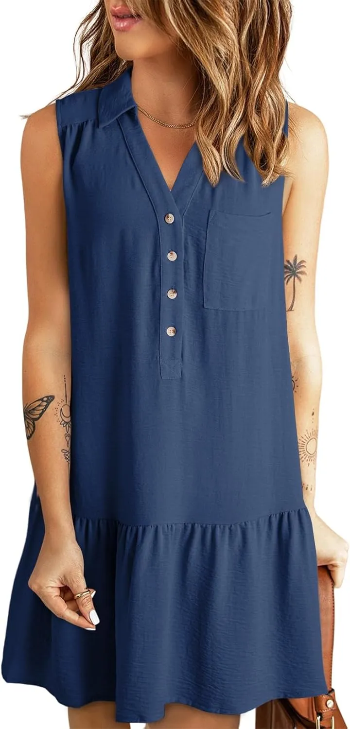 Dokotoo Womens Dresses 2025 Spring Summer V-Neck Button Up Sleeveless Mini Sundress Tank Dresses with Pockets
