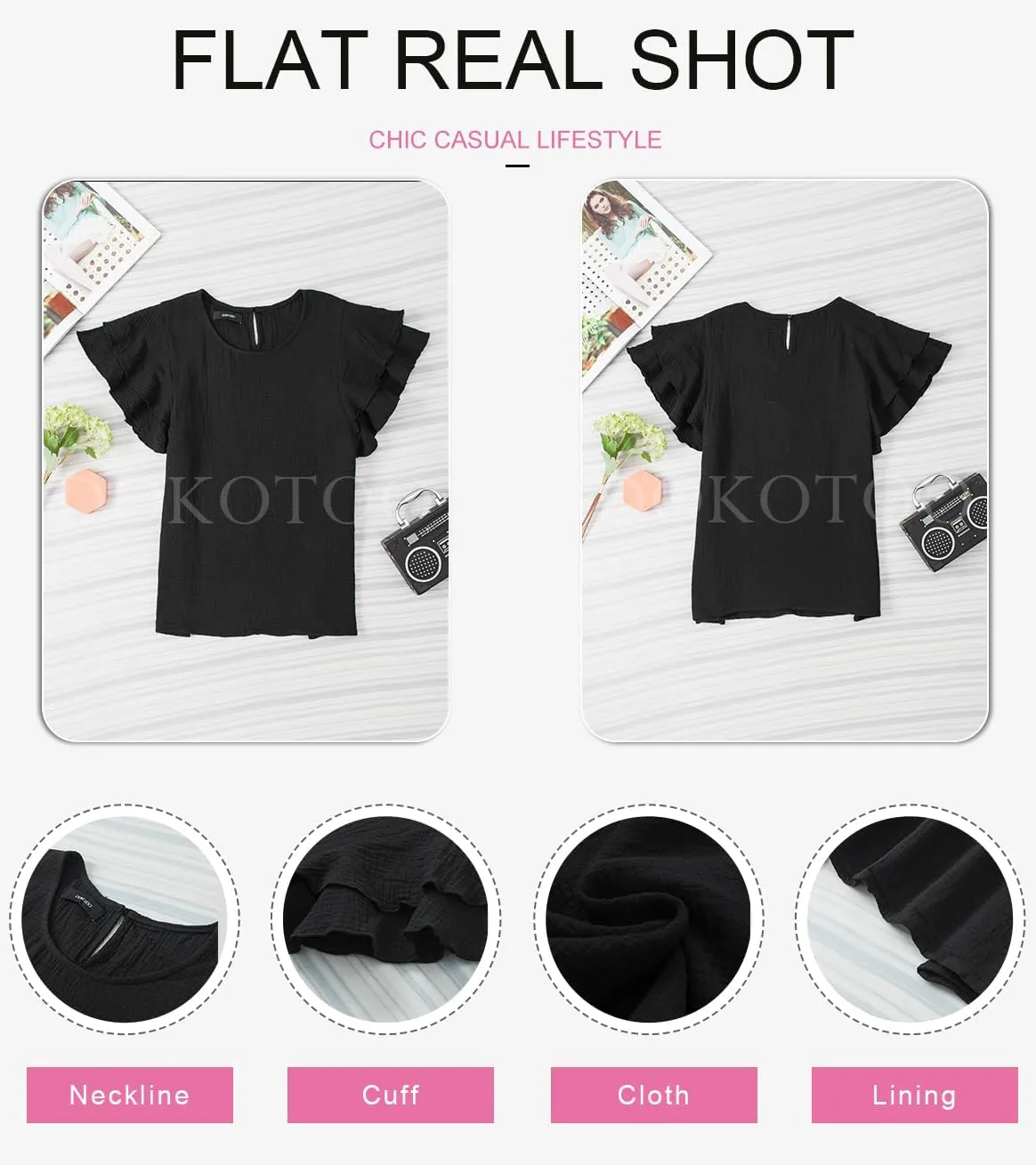 Dokotoo Womens Tops Ruffle Short Sleeve Crewneck Shirts Solid Casual Loose Babydoll Blouses