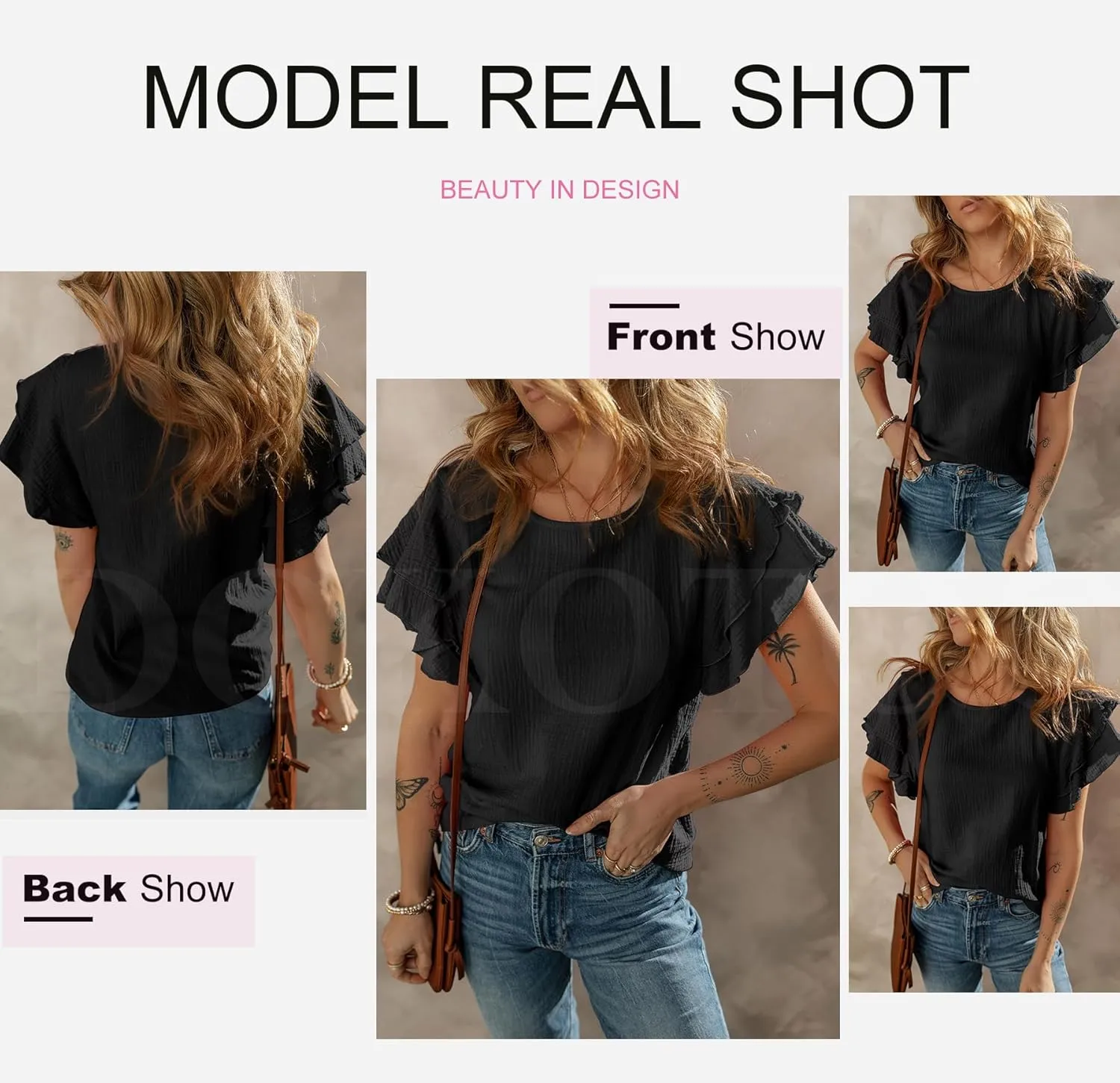 Dokotoo Womens Tops Ruffle Short Sleeve Crewneck Shirts Solid Casual Loose Babydoll Blouses