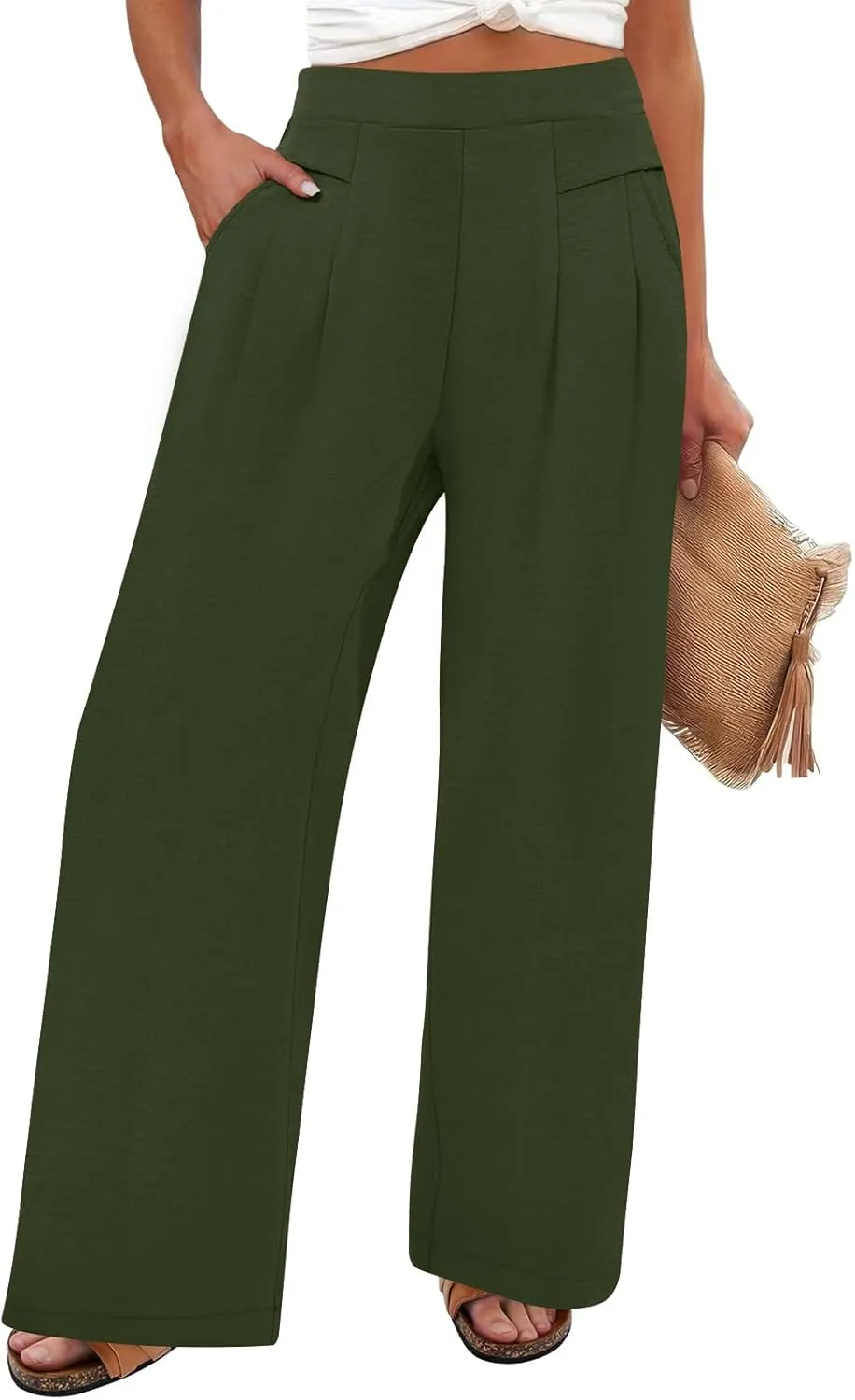 DouBCQ Women's Culottes Wide Leg Pants Elastic Waist Trousers Casual Palazzo Pants with Pockets