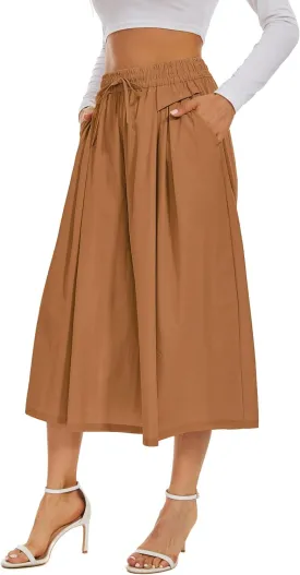 Double Plus Open Womens Casual Wide Leg Flowy Cropped Pants High Elastic Waist Drawstring Culottes with Pockets