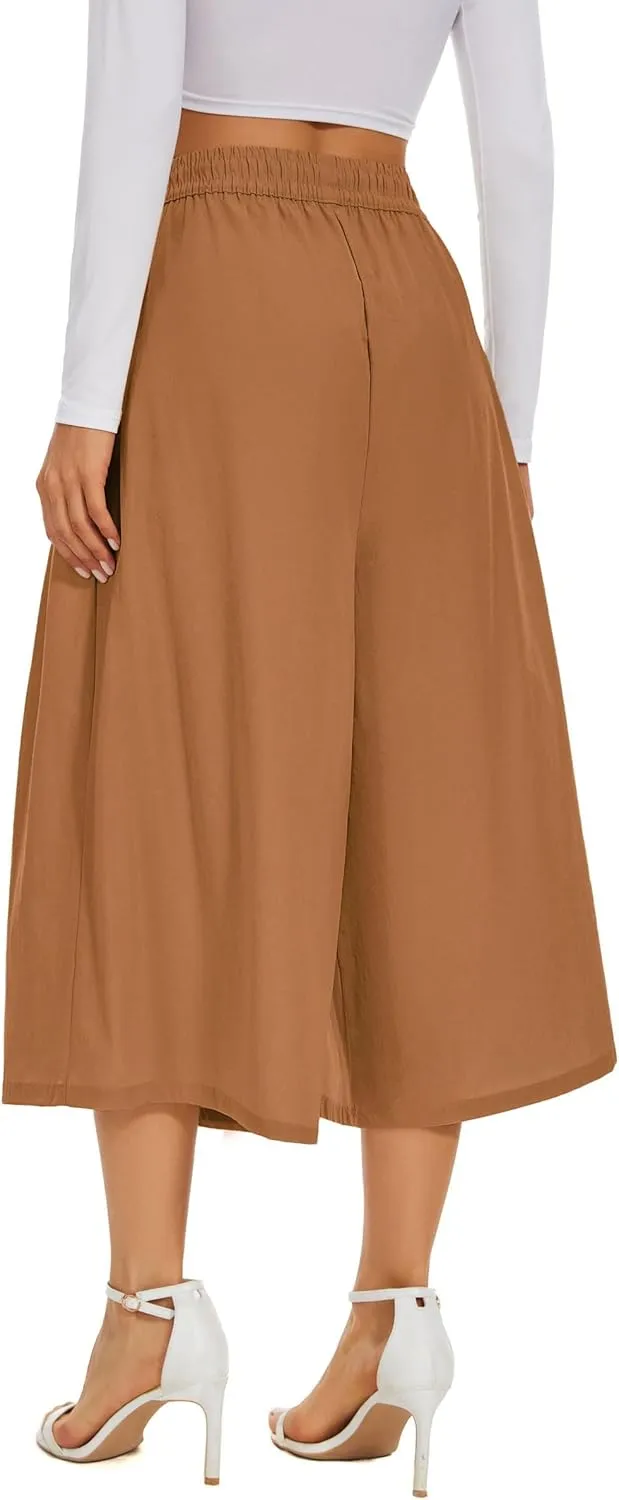 Double Plus Open Womens Casual Wide Leg Flowy Cropped Pants High Elastic Waist Drawstring Culottes with Pockets