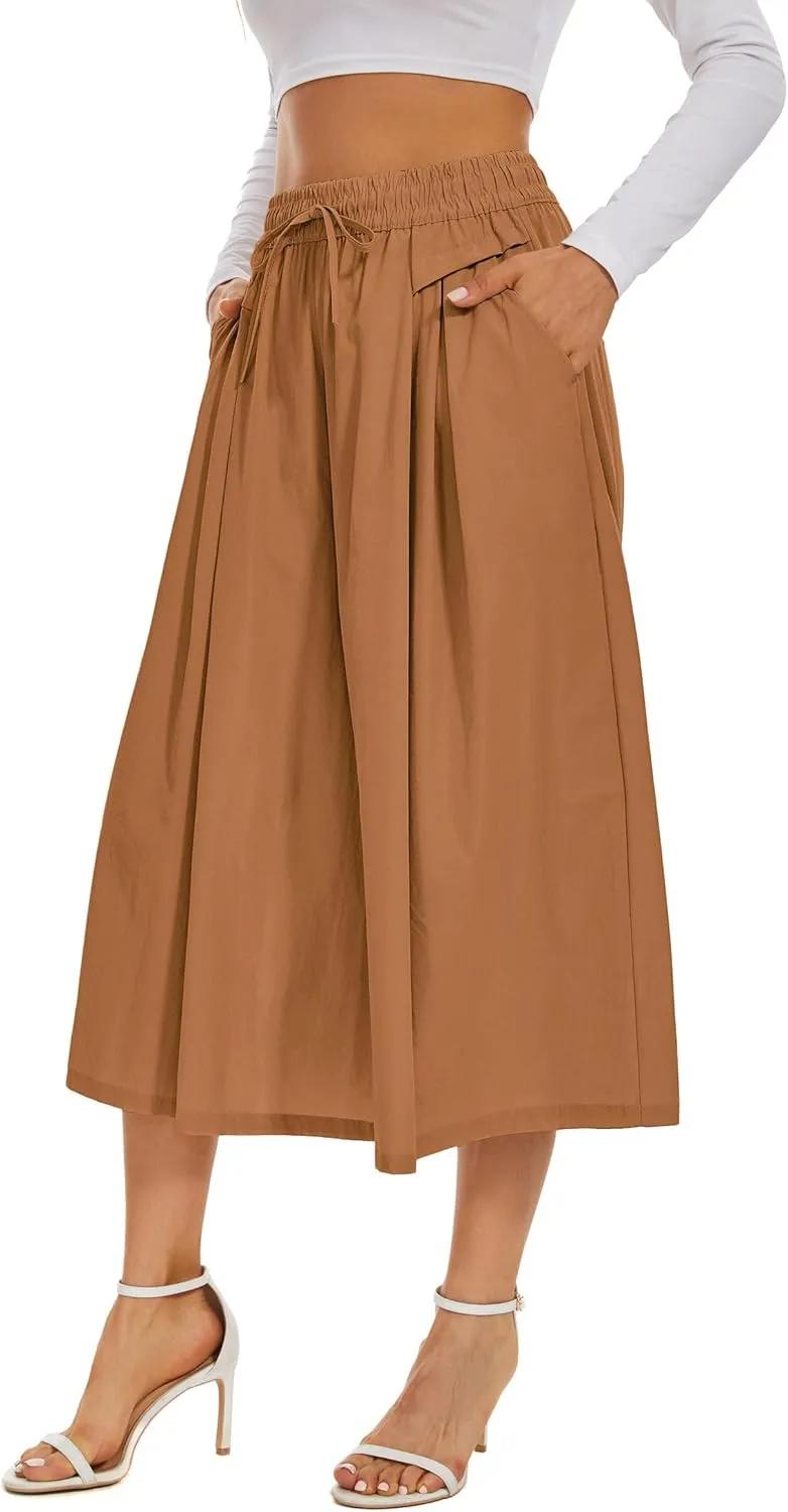 Double Plus Open Womens Casual Wide Leg Flowy Cropped Pants High Elastic Waist Drawstring Culottes with Pockets