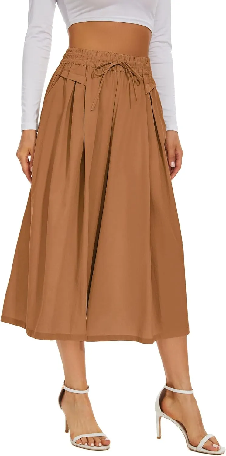 Double Plus Open Womens Casual Wide Leg Flowy Cropped Pants High Elastic Waist Drawstring Culottes with Pockets