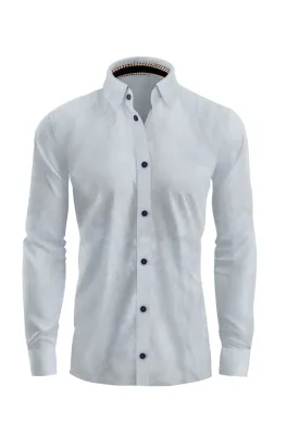 Elegant White Cotton Dress Shirt with Navy Accents