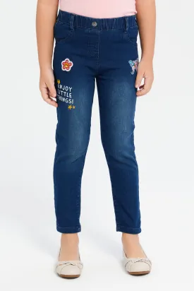 Girls Blue Embroidered Jeggings