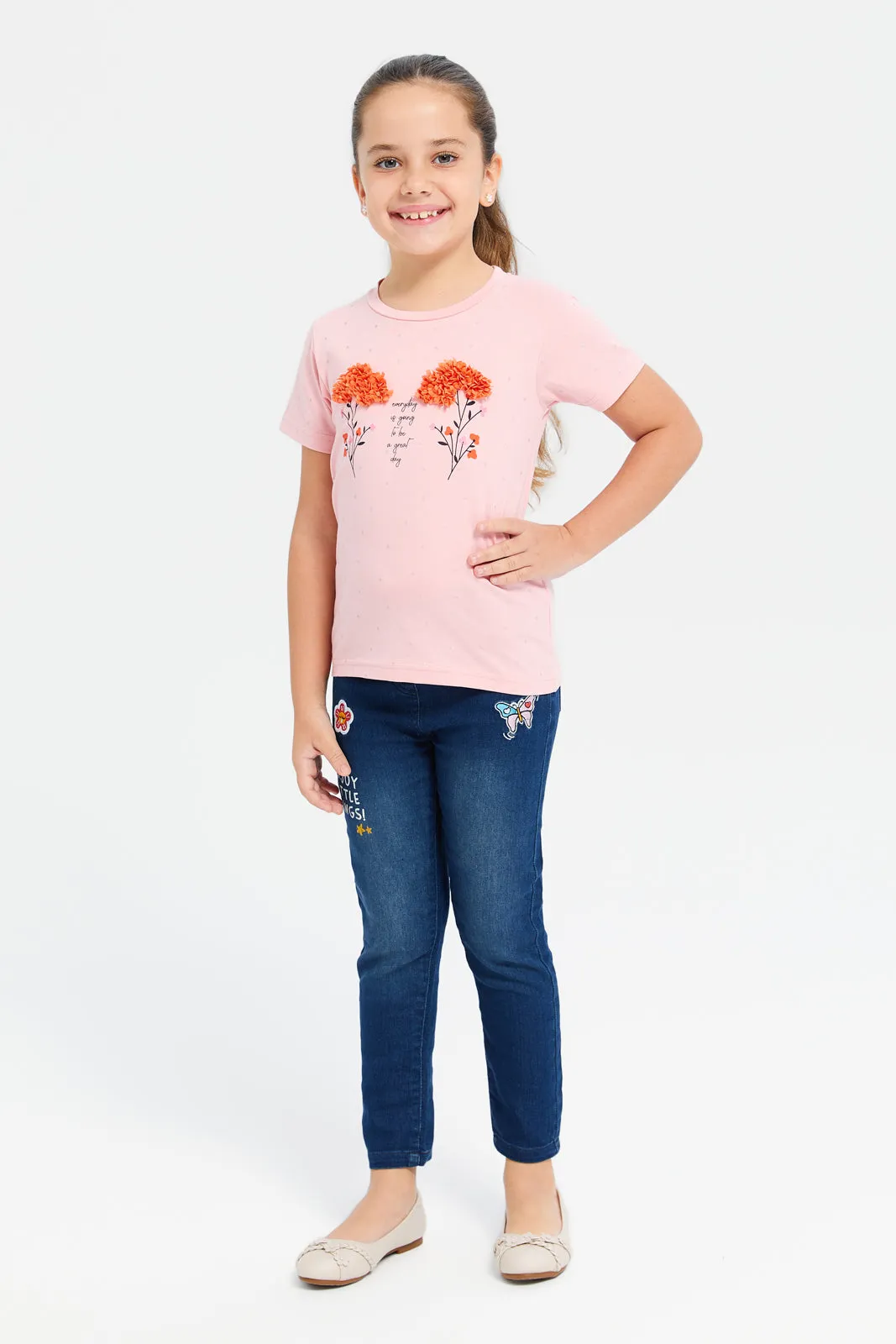 Girls Blue Embroidered Jeggings
