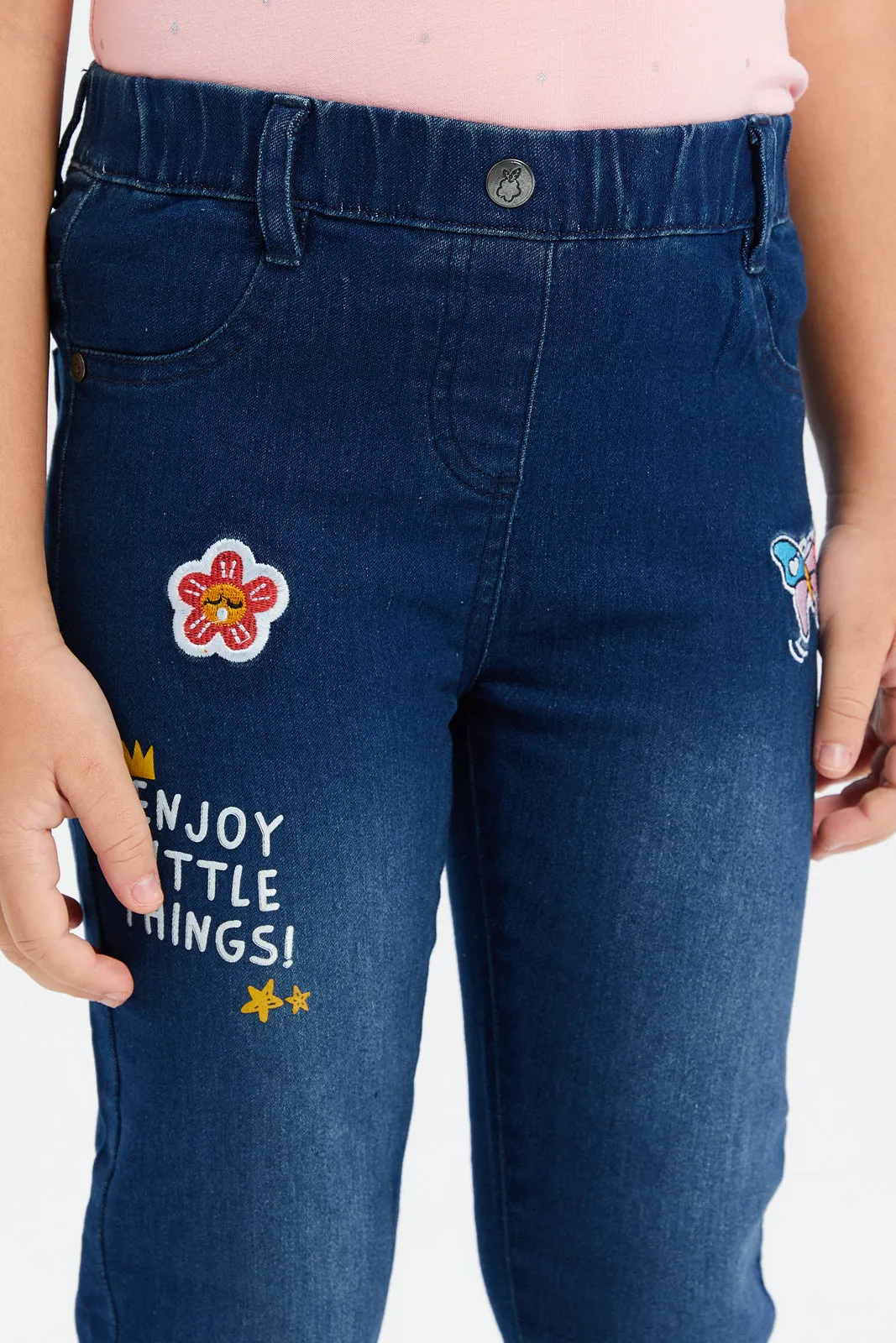 Girls Blue Embroidered Jeggings