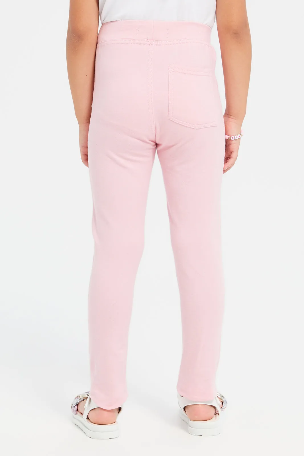 Girls Pink Plain Knit Jeggings