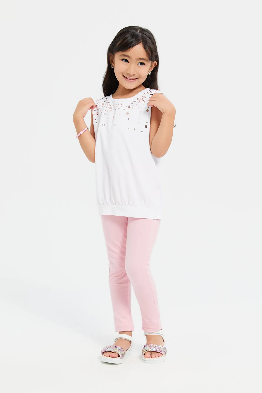 Girls Pink Plain Knit Jeggings