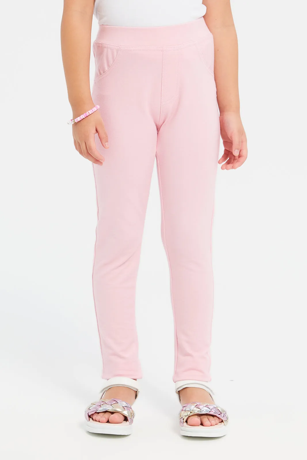 Girls Pink Plain Knit Jeggings