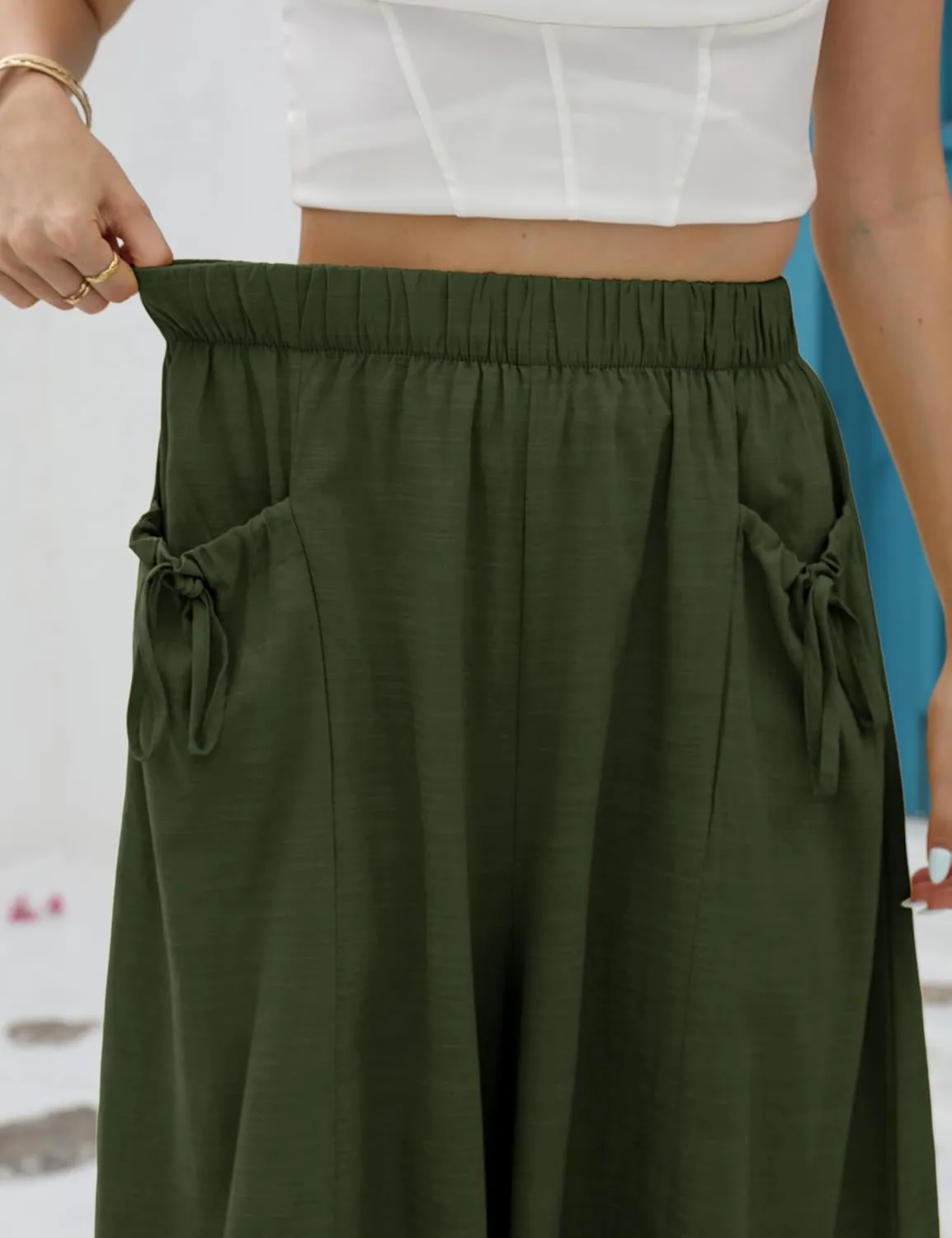 Hooever Women's Cotton Linen Culottes Pants Loose Wide Leg Capri Trousers with Big Pockets