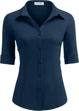 HOTOUCH Women's Basic Button Down Shirts 3/4 Sleeve Stretch Button Up Dress Shirt Slim Fit Waitress Work Shirts