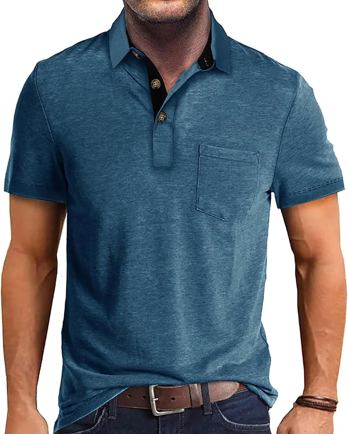 HXHYQKP Men's Polo Shirts Summer Short Sleeve Casual 3 Button T-Shirts Classic Basic Golf Work Tees Tops with Pocket