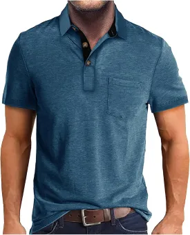 HXHYQKP Men's Polo Shirts Summer Short Sleeve Casual 3 Button T-Shirts Classic Basic Golf Work Tees Tops with Pocket