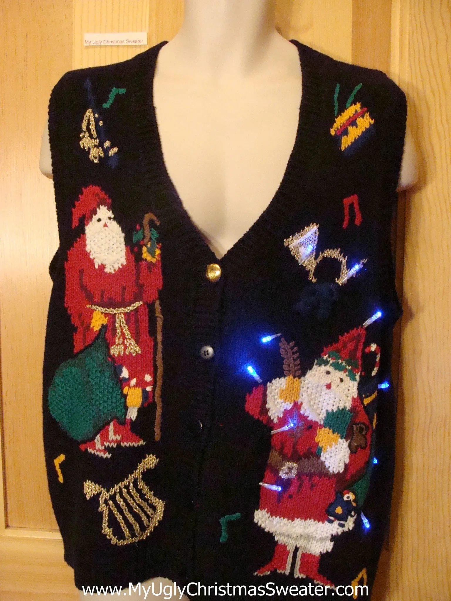 Light Up Christmas Sweater Vest 80s Santa Musical Theme