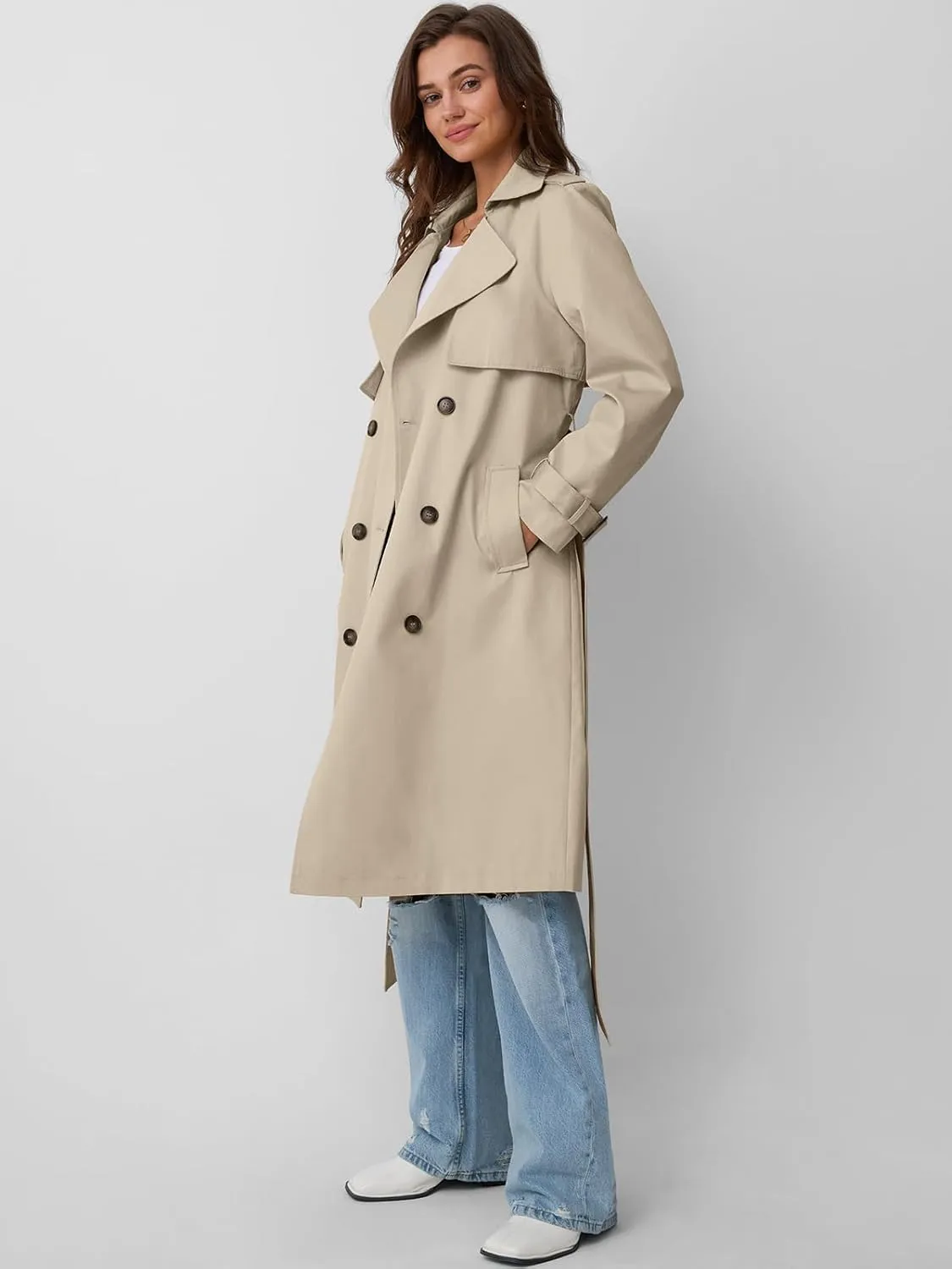 LILLUSORY Womens Double Breasted Long Trench Coat Dressy Overcoat with Belt Fall Winter Fashion Trendy Clothes Outfits 2025