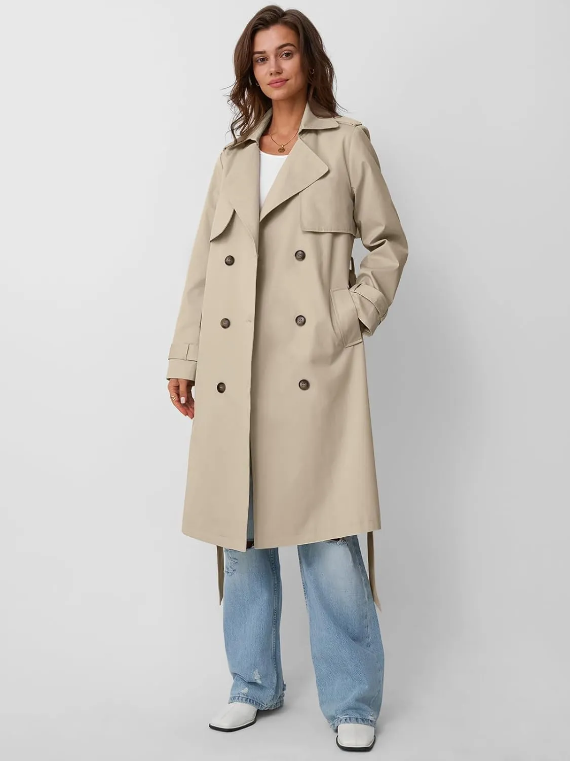 LILLUSORY Womens Double Breasted Long Trench Coat Dressy Overcoat with Belt Fall Winter Fashion Trendy Clothes Outfits 2025