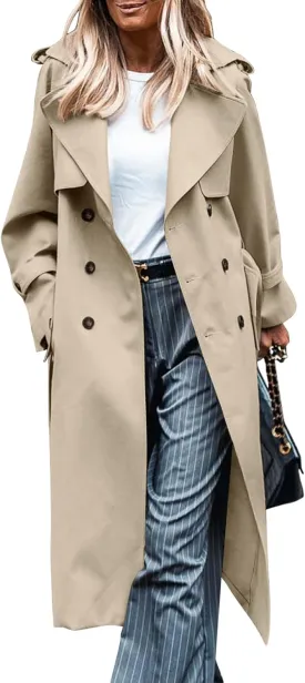 LILLUSORY Womens Double Breasted Long Trench Coat Dressy Overcoat with Belt Fall Winter Fashion Trendy Clothes Outfits 2025
