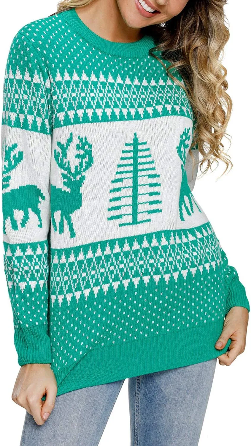 LookbookStore Women Ugly Christmas Tree Reindeer Holiday Knit Sweater Pullover
