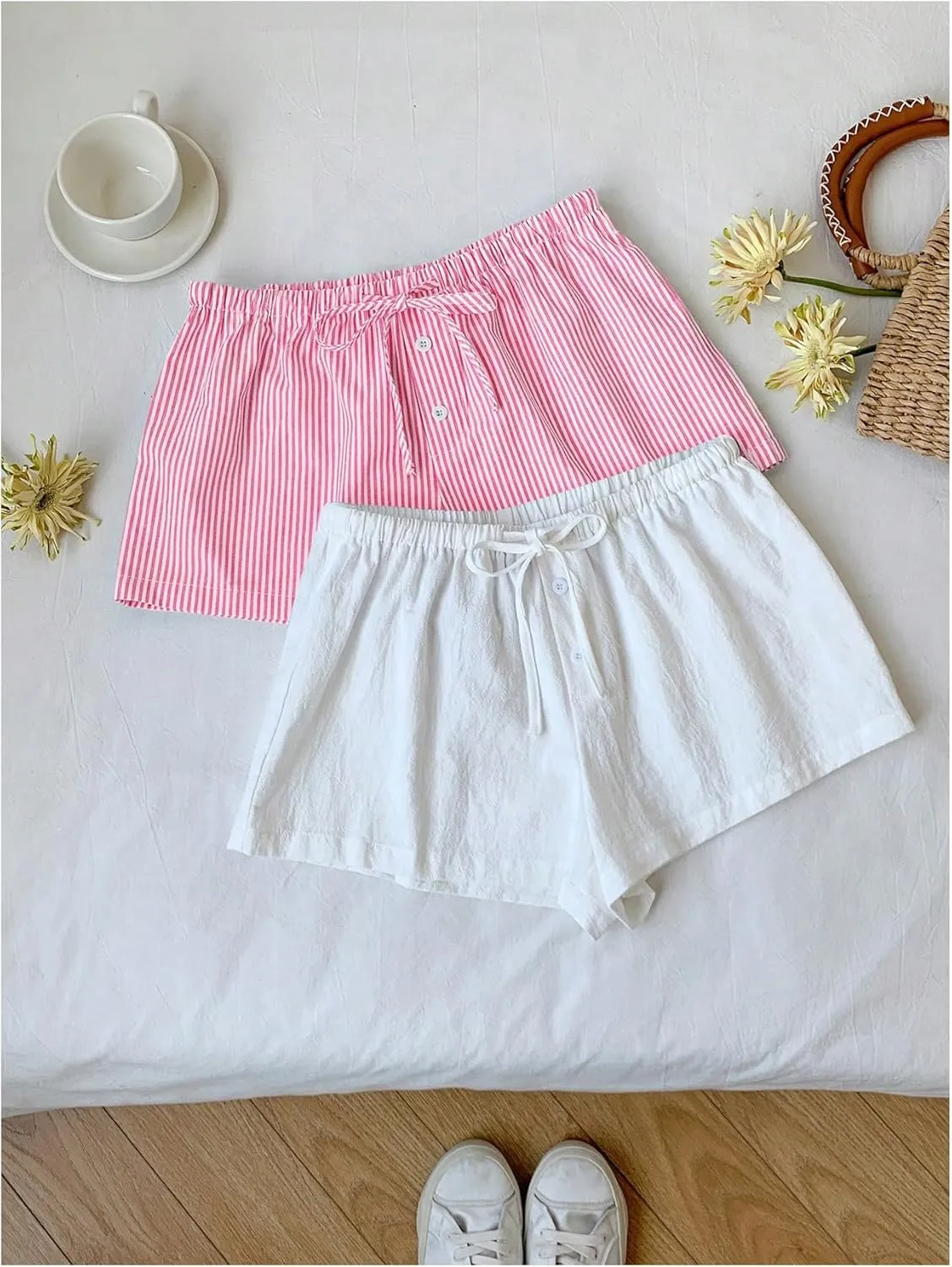 MakeMeChic Women's 2 Pack Linen Shorts Summer Beach Pajama Boxer Shorts